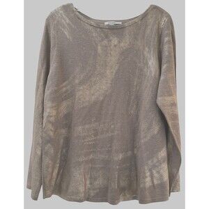Chicos Womens Knit Top Long Sleeve Large (2) 12/14 Gold Metallic Print Shirt